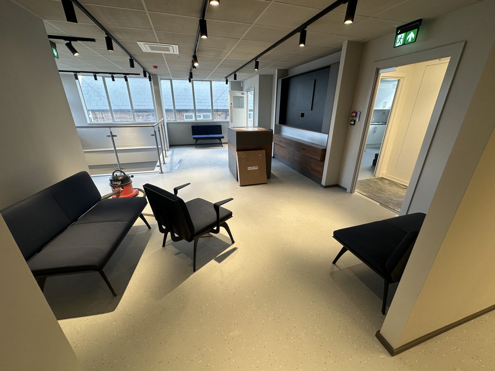 Commercial office flooring fit-out — carpet tiles and LVT installed for a Cat B office refurbishment