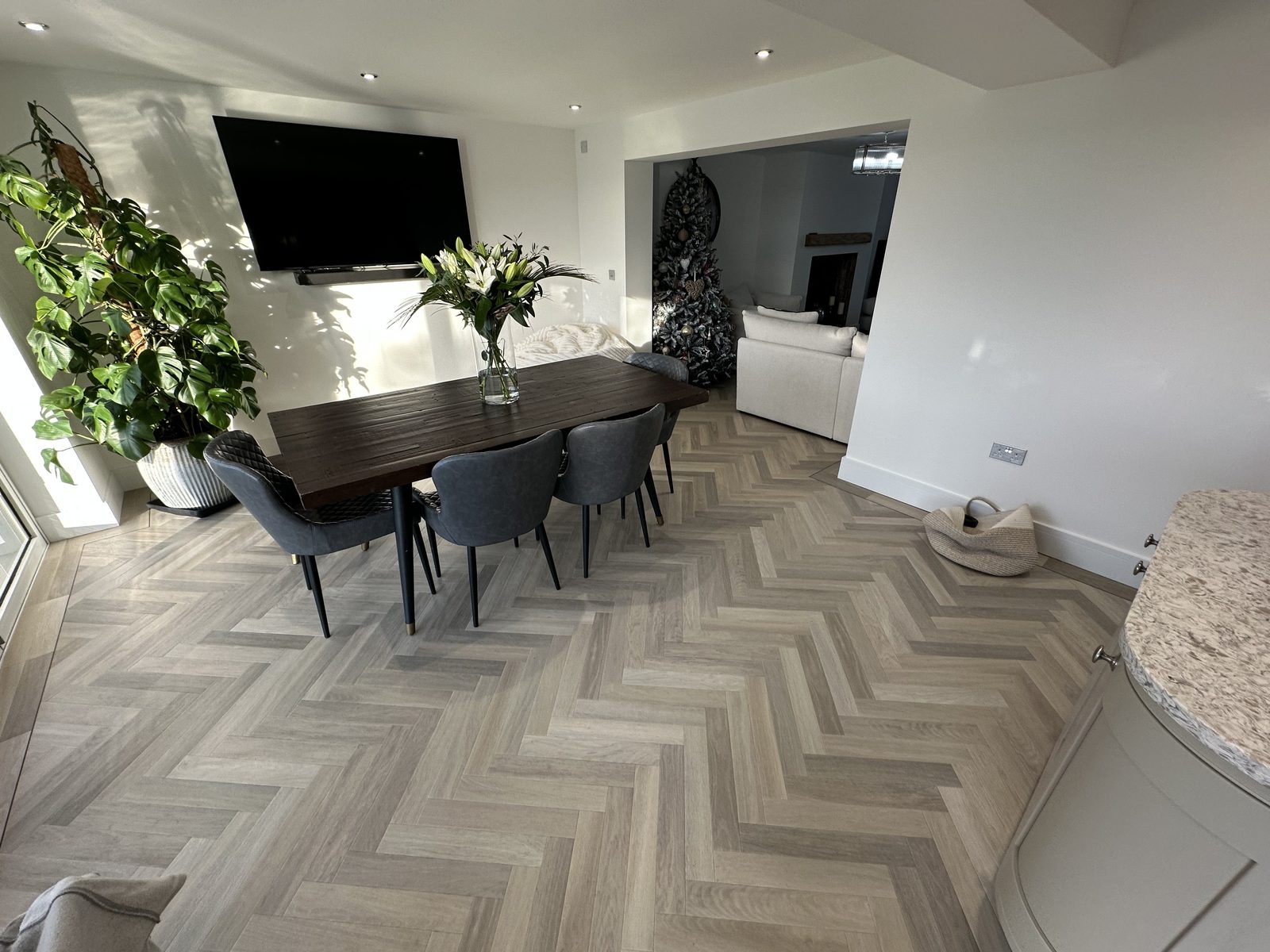 Hospitality flooring installation — LVT and safety vinyl fitted in a restaurant front-of-house and commercial kitchen